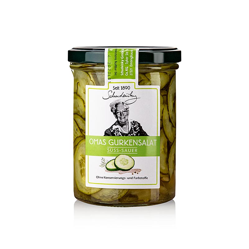 Authentischer Gurkensalat von Schudeisky, traditionell zubereitet nach Großmutters Originalrezept, mit knackiger Gurke und cremigem Dressing, verpackt in einer praktischen 400g-Packung