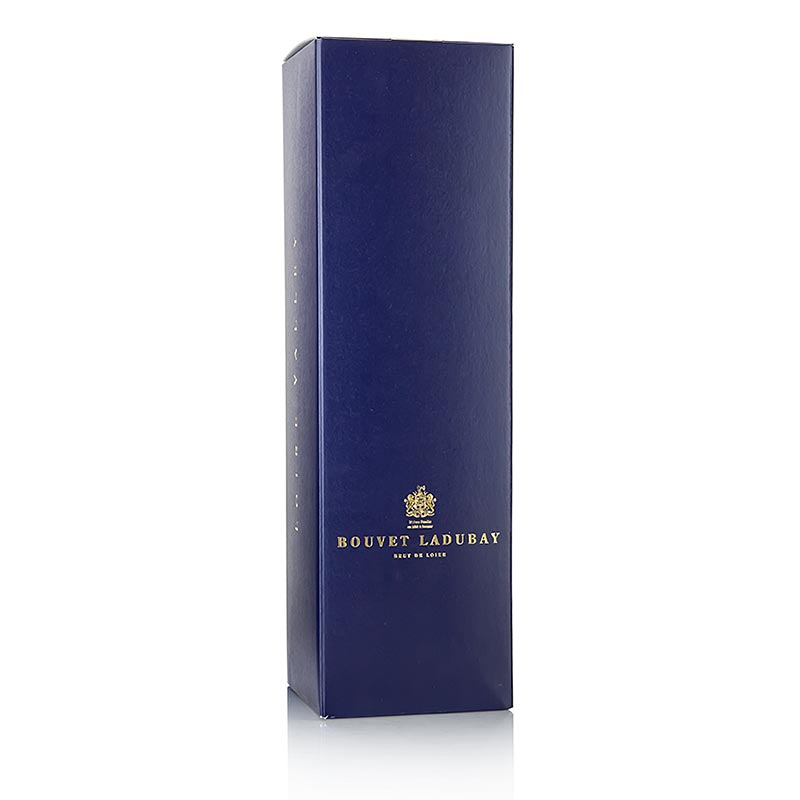 Ein stilvoller blauer Präsentkarton für eine Magnumflasche Bouvet Sekt