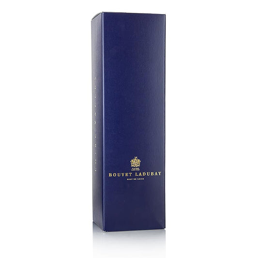Ein stilvoller blauer Präsentkarton für eine Magnumflasche Bouvet Sekt