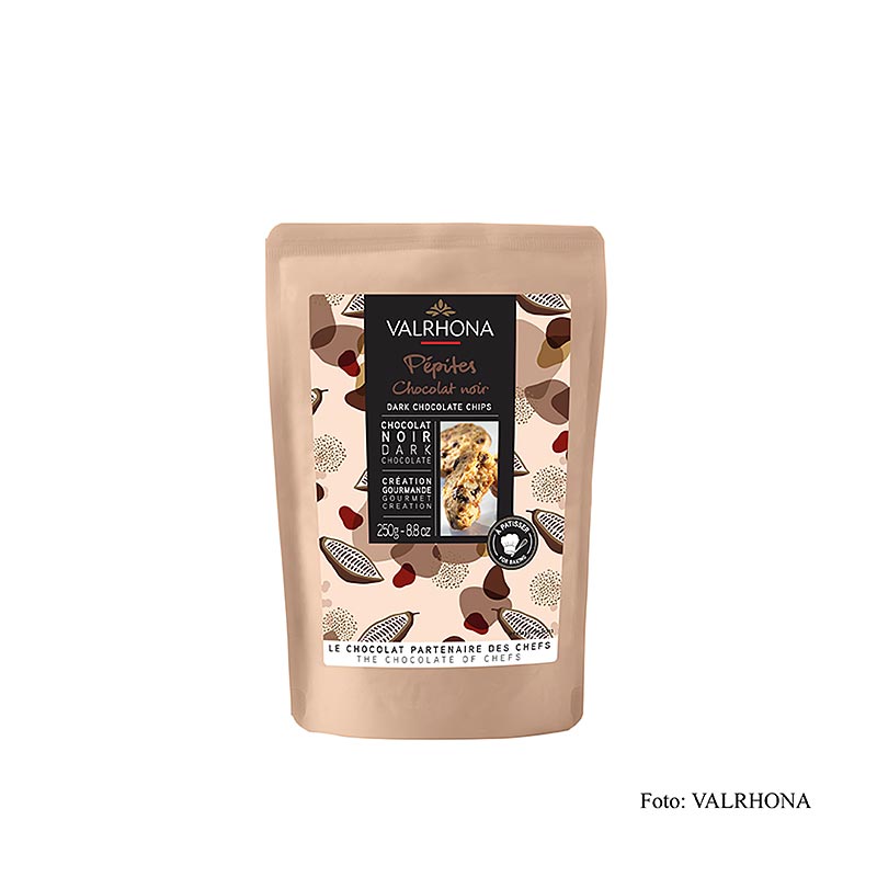 Valrhona Pépites noire, Schokoladen Tropfen, dunkel, Backfest (31841), 250 g - Hochwertige backfeste Zartbitterschokoladentropfen für köstliche Schokoladendesserts