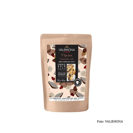 Valrhona Pépites noire, Schokoladen Tropfen, dunkel, Backfest (31841), 250 g - Hochwertige backfeste Zartbitterschokoladentropfen für köstliche Schokoladendesserts
