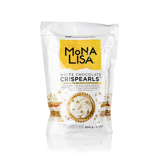 Knusprige weiße Schokoladenperlen von Mona Lisa Callebaut, ideal für Desserts und Torten Luxuriöse Note für Kreationen von Hobbyköchen und professionellen Konditoren, in praktischem 800-g-Beutel verpackt