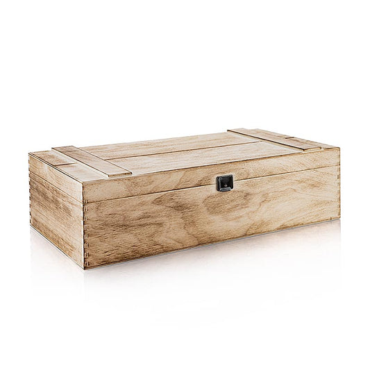 Stilvolle Holzkiste mit auffälligem geflammten Design für Weinpräsentation