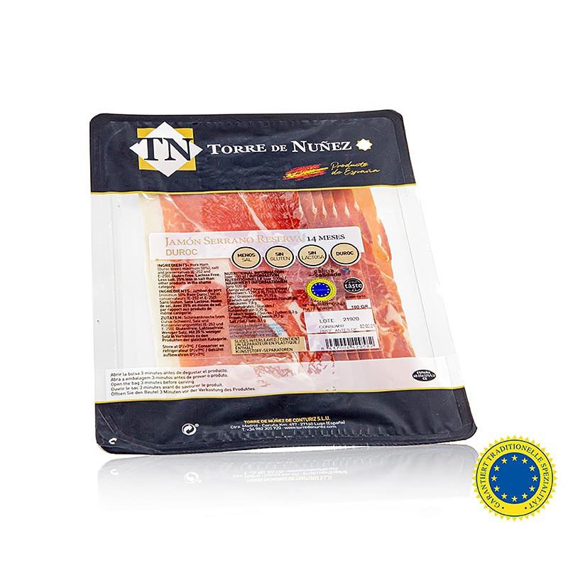 Jamon Serrano Reserva gtS, 14 Mon, Schinken in Scheiben,Torre de Nunez, 100 g - Hochwertiger spanischer Schinken, 14 Monate gereift, perfekt für Tapas, Sandwiches und als Delikatesse