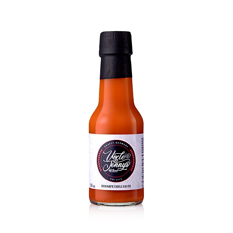 Eine Flasche Uncle Jonnys Hot Sauce, scharfe Chili Sauce, 150 ml, hergestellt in Deutschland, kombiniert frische Aromen von Cayenne-Chili, roten Habaneros, Zwiebeln, Tomaten, Äpfeln und Knoblauch zu einer köstlichen Sauce, die all Ihren Lieblingsspeisen die perfekte Schärfe verleiht Vegan, ohne Konservierungsstoffe, künstliche Farbstoffe, Aromen oder Zuckerzusätze