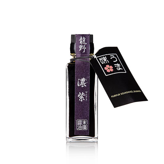 Soja-Sauce - Shoyu (Murasaki / Purpur), dunkel (Sandanshikomi), Suehiro, 100 ml: Eine 100-ml-Flasche von Suehiros dunkler Sojasauce, hergestellt nach der traditionellen Sandanshikomi-Methode, perfekt für Hobby- und Profiköche Verleihen Sie Ihren asiatischen Lieblingsgerichten mit dieser hochwertigen Sojasauce Tiefe und Komplexität