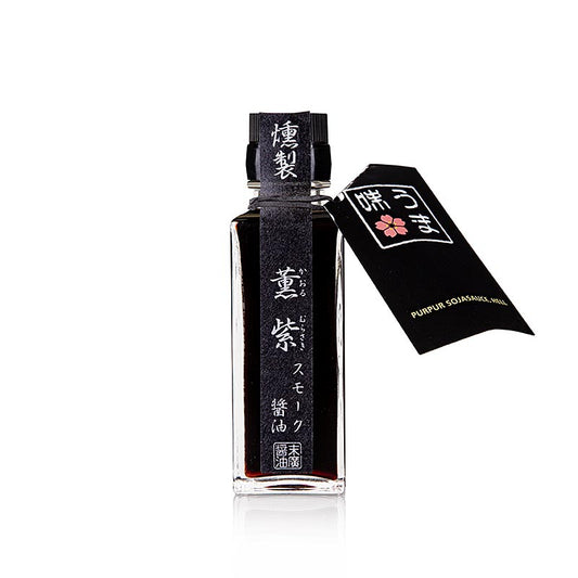 Soja-Sauce - Shoyu (Murasaki / Purpur), rauchig, Suehiro, 100 ml - Eine extra lang gereifte Shoyu, die für 8 Stunden mit Chips von regionalen Kirschbäumen geräuchert wird, ideal für die vegane Küche und perfekt zu ungewürztem Fleisch und Gemüse