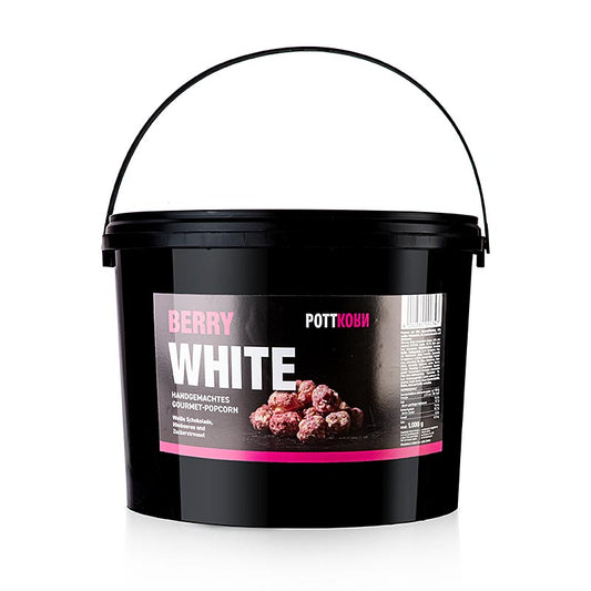 1 kg Pottkorn - Berry White, Popcorn mit weißer Schokolade und Himbeeren, verpackt in praktischer Verpackung, perfekt für zu Hause oder Gastronomie, mit einzigartiger Geschmackskombination von weißer Schokolade und frischen Himbeeren