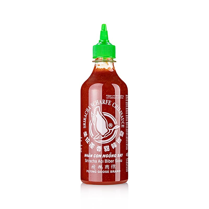 Chili-Sauce - Sriracha, scharf, Squeeze Flasche, Flying Goose, 455 ml: Feurige Sriracha-Chilisauce mit pürierten roten Chilischoten, Knoblauch und charakteristischem scharfen und süßen Geschmack, ideal für Liebhaber von würzigen Saucen