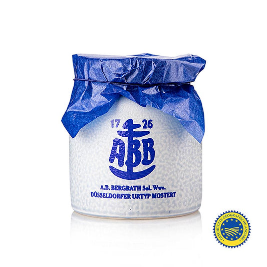 Düsseldorfer ABB-Senf - Das Original, mittelscharf, ggA, im Steinkrug, 250 ml - Keramiktöpfchen mit grauem Töpfchen, blauem Firmenzeichen und Düsseldorfer Anker, eine weltbekannte Düsseldorfer Spezialität