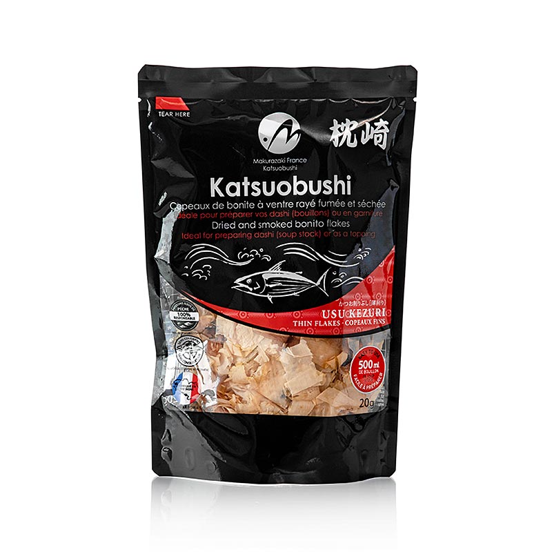 Katsuobushi - Bonito Flocken, dünn, Usukezuri, 20 g: Harte, geräucherte und getrocknete Bonito-Flocken, traditionelles Würzmittel in der japanischen Küche