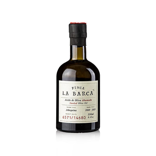 Geräuchertes 100%iges Arbequina Olivenöl von Finca La Barca in einer 250-ml-Flasche