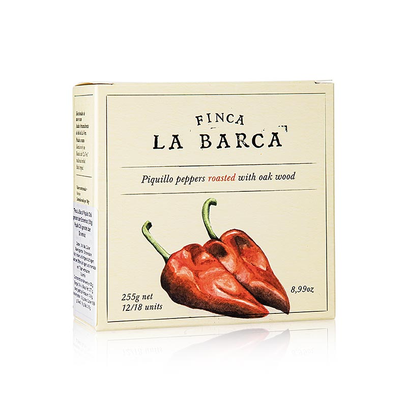 Geröstete Piquillo-Paprika von Finca La Barca, handverlesen und in Spanien angebaut, weich und saftig mit würzig-süßem Geschmack, ideal für Tapas, Salate, Pizza, Fleisch- und Fischgerichte, verpackt in einem 255-Gramm-Glasgefäß