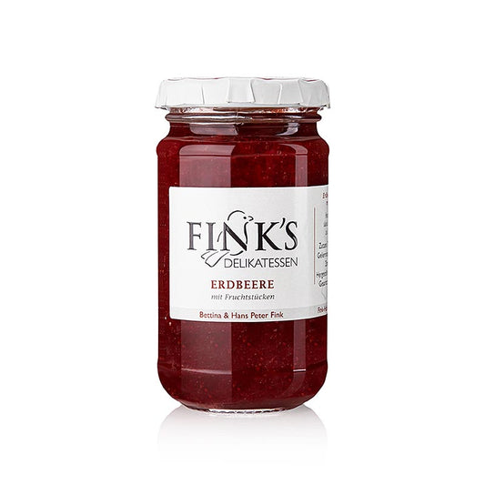 Handgemachte Erdbeerkonfitüre von Fink's Delikatessen, hergestellt aus sonnengereiften Erdbeeren, perfekt für Brot, Joghurt und Lieblingsgerichte, ohne Konservierungsstoffe, 220g