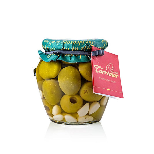 Grüne Oliven ohne Kern, Gordal, mit Rosmarin & Knoblauch, Torremar SL, 580 g - Hochwertige grüne Oliven in würziger Marinade