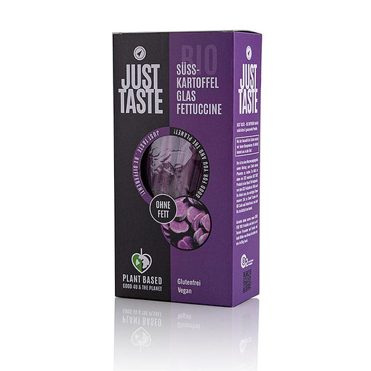 Just Taste Lila Süßkartoffel Glasnudel Fettuccine, glutenfrei, BIO, 250 g - Violette Fettuccine aus Süßkartoffeln, ein Hingucker auf dem Teller, behält nach dem Kochen mit Essig oder Säure lange ihre Farbe bei