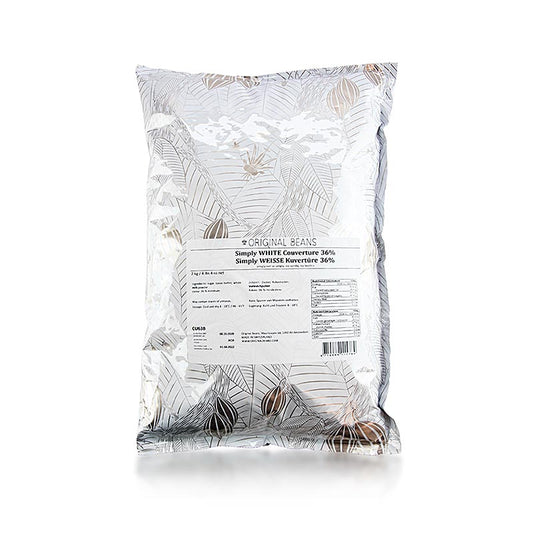 Zwei Kilogramm Original Beans Simply White 36% Kakaobutter Drops in Weiß, ideal zum Backen und Kochen