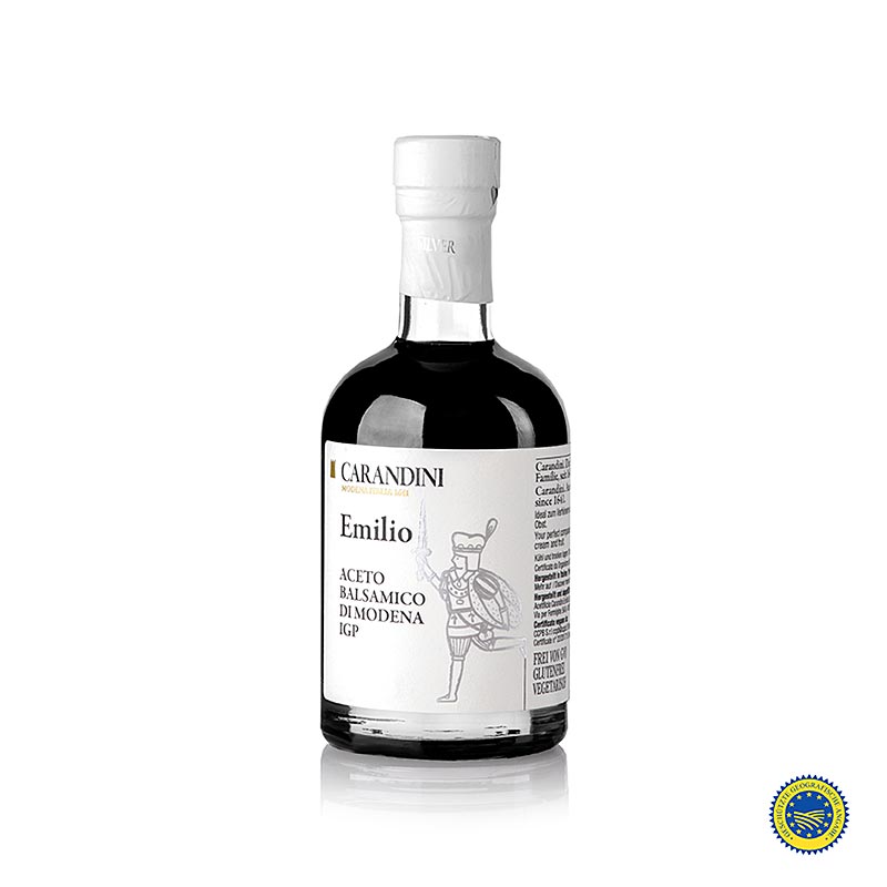 Carandini Aceto Balsamico di Modena ggA, Emilio Riserva Speciale Silver, 2 J 250 ml - Traditionell hergestellter Balsamico-Essig aus Modena, Italien, mit süßen und sauren Noten, ideal zum Verfeinern von Salaten, Risotto, Fleisch- und Fischgerichten, in eleganter 250-ml-Flasche