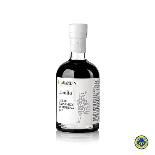 Carandini Aceto Balsamico di Modena ggA, Emilio Riserva Speciale Silver, 2 J 250 ml - Traditionell hergestellter Balsamico-Essig aus Modena, Italien, mit süßen und sauren Noten, ideal zum Verfeinern von Salaten, Risotto, Fleisch- und Fischgerichten, in eleganter 250-ml-Flasche
