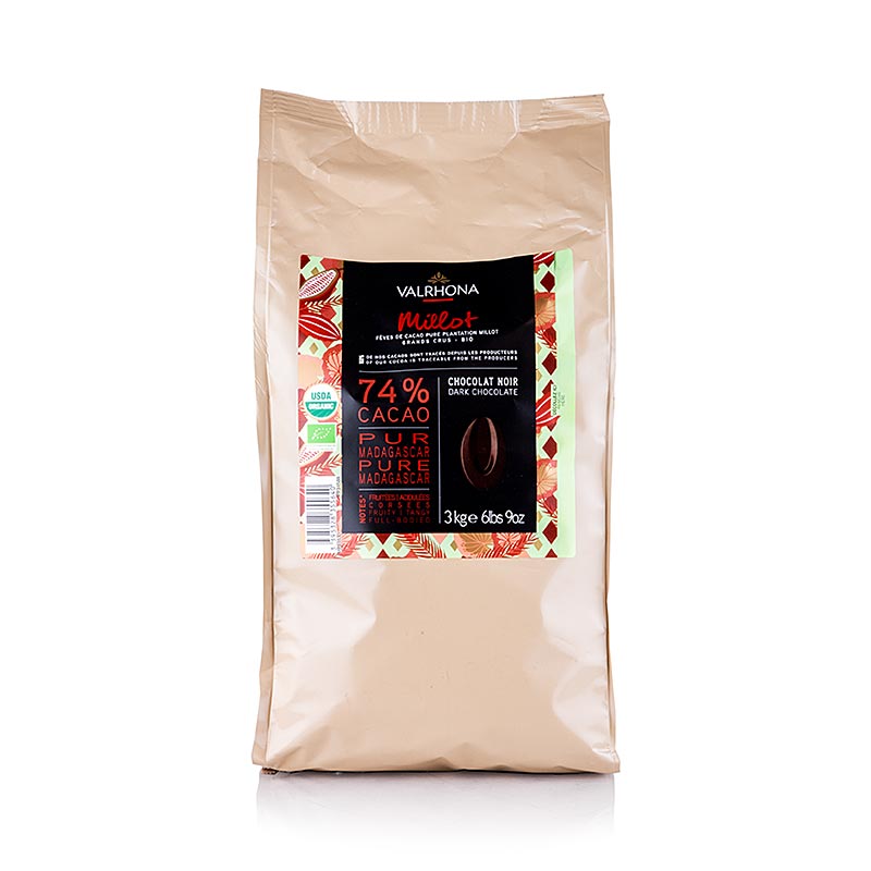 Bild einer 3-kg-Packung Valrhona Millot dunkle Couverture mit 74% Kakao, ideal zum Backen, Kochen oder Naschen, in biologischer Qualität zertifiziert