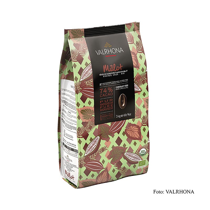 Valrhona Millot, couverture noire, 74 % Cacao, callets (31508), BIO, 3 kg