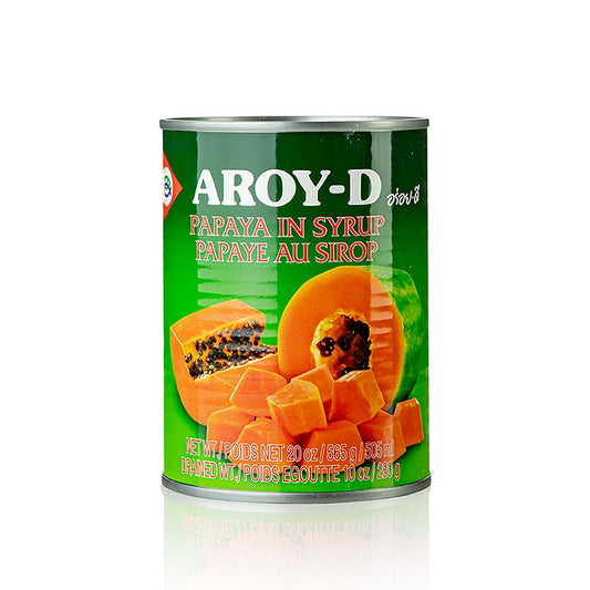 Papaya Stücke in Sirup von Aroy-D, 565 g Glas - süßer tropischer Geschmack für gesunde Snacks, Smoothies und Desserts, hochwertige ausgewählte reife Papaya in saftigem Sirup