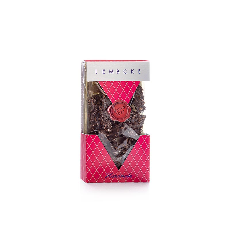 Knackige Schokolade umhüllt haufenweise geröstete Mandelsplitter des Teegebäcks Mandini Cacao Dark von Lembcke, 100 g
