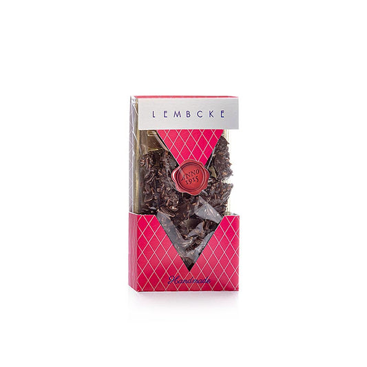 Knackige Schokolade umhüllt haufenweise geröstete Mandelsplitter des Teegebäcks Mandini Cacao Dark von Lembcke, 100 g