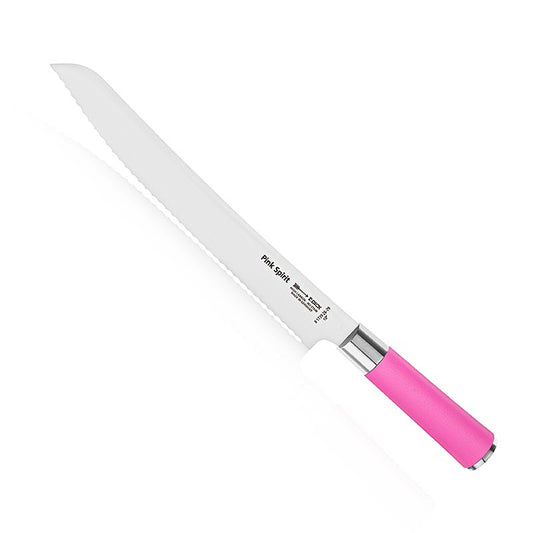 Bild eines rosa Spirit Brotmessers mit Wellenschliff von 26 cm Länge der Marke DICK, das zu Gunsten der Brustkrebsorganisation Pink Ribbon Deutschland 2€ pro verkauftem Messer spendet