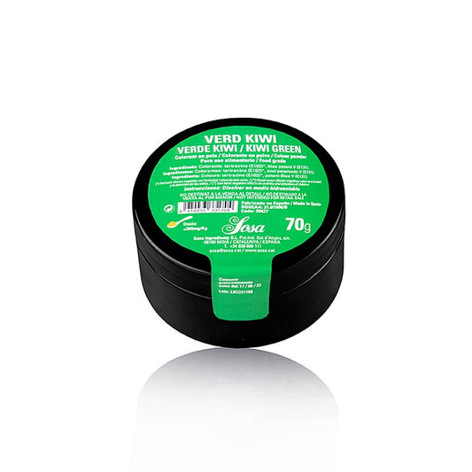 Sosa Lebensmittelfarbe Kiwigrün, Puder, wasserlöslich (39427), 70 g - Lösliches Kiwigrün-Pulver zum Färben von Kuchen, Eis, Mousse und Soßen, mit leuchtender, kiwiartiger Farbe, ideal für kreative Hobbyköche und Profis