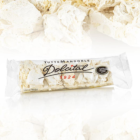 Torrone Riegel - mit mediterraner Mandel, hart, Dolcital, 200 g - Harte Torrone-Riegel von Dolcital, gefüllt mit mediterranen Mandeln und süßem Honig, nach traditionellem Rezept zubereitet, ideal als Dessert oder Geschenk für Feinschmecker, 200 g Inhalt