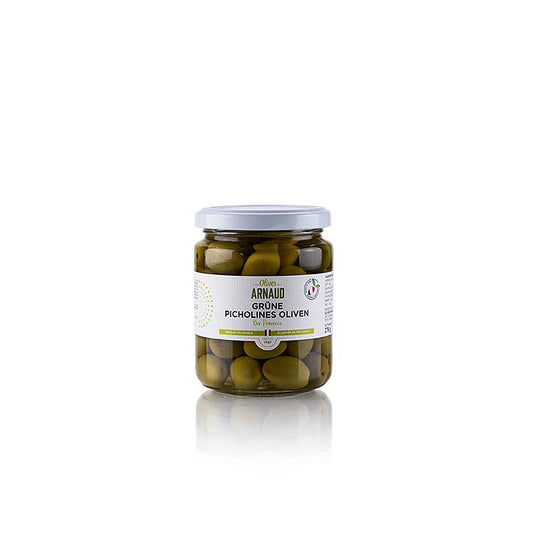 Grüne Oliven mit Kern, Picholine-Oliven von Arnaud, 278 g in praktischer Dose, perfekt als Aperitif oder in mediterranen Gerichten, hochwertige Delikatesse aus Frankreich
