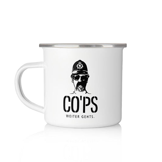 Metallbecher Knast Tasse mit COPS-Logo und Eichungen, perfektes Accessoire für den Knast-Alltag, hochwertige Emaille-Tasse aus Metall