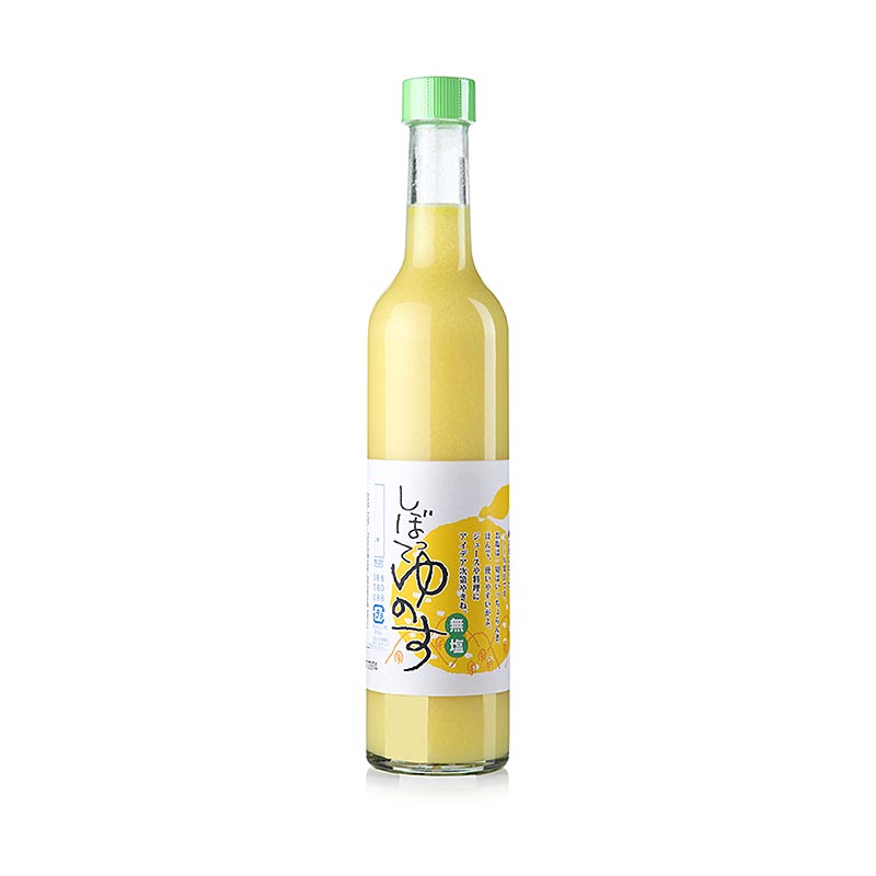 Bild eines frischen 100%igen Zitrusfruchtsafts, Yuzu-Saft Shibotte, verpackt in einer 500-ml-Flasche, ideal für Dressings, Marinaden, Cocktails und Desserts, mit dem einzigartigen Geschmack der Yuzu-Zitrone aus Japan