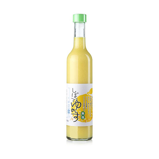 Bild eines frischen 100%igen Zitrusfruchtsafts, Yuzu-Saft Shibotte, verpackt in einer 500-ml-Flasche, ideal für Dressings, Marinaden, Cocktails und Desserts, mit dem einzigartigen Geschmack der Yuzu-Zitrone aus Japan