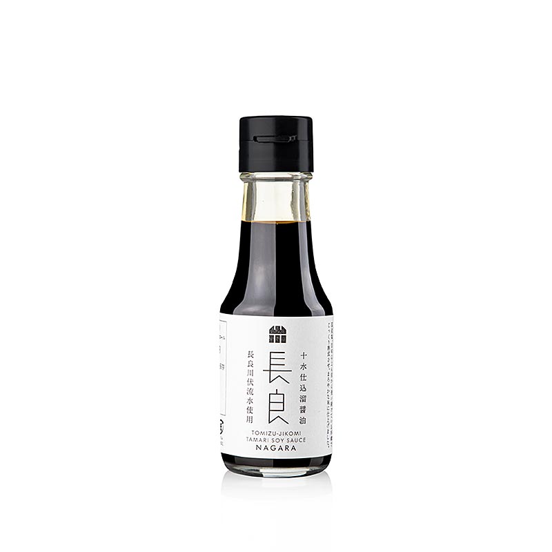 Soja-Sauce - Tamari, Nagara, 2 Jahre im Holzfass, 100 ml - Produktbild der kräftigen und intensiven Tamari Sojasauce, gebraut mit regionalen Sojabohnen aus Gifu und Brauwasser aus dem Teil des Nagara-Flusses, in dem er unterirdisch verläuft, in über 100 Jahre alten Holzfässern gereift Ideal für Sashimi, gegrillten Fisch, Hiyayakko (kalten Tofu) und zum Verfeinern von Käse