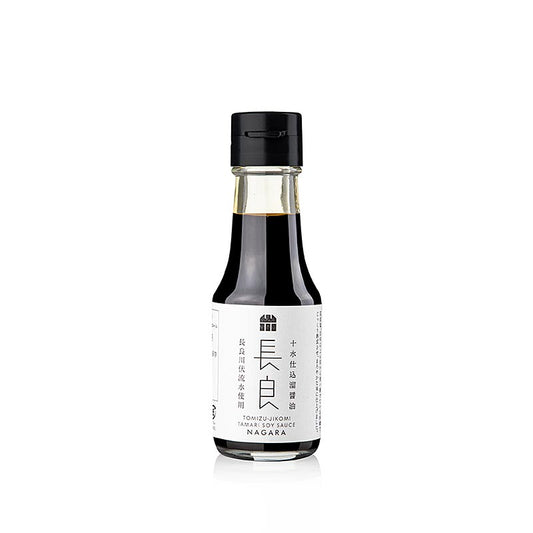 Soja-Sauce - Tamari, Nagara, 2 Jahre im Holzfass, 100 ml - Produktbild der kräftigen und intensiven Tamari Sojasauce, gebraut mit regionalen Sojabohnen aus Gifu und Brauwasser aus dem Teil des Nagara-Flusses, in dem er unterirdisch verläuft, in über 100 Jahre alten Holzfässern gereift Ideal für Sashimi, gegrillten Fisch, Hiyayakko (kalten Tofu) und zum Verfeinern von Käse