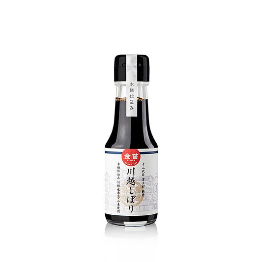 Eine 100 ml Flasche Sojasauce Soja-Sauce - Kawagoe Shibori, Fueki aus regionalen Sojabohnen und Weizen, handwerklich hergestellt und über ein Jahr im Holzfass fermentiert Hergestellt von einer Manufaktur, die seit 1789 natürliche Sojasauce produziert und sich aktiv für die Tradition der handwerklich gefertigten, traditionellen Holzfässer einsetzt