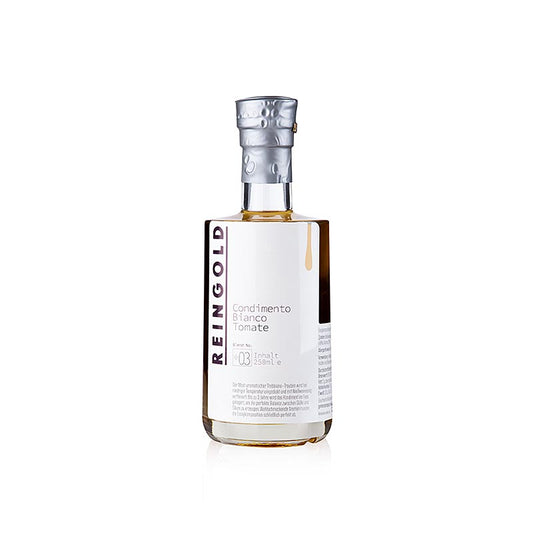 Weißer Essig Condimento bianco No 3 Tomate von Reingold, verpackt in eleganter 250-ml-Flasche, perfekt für schmackhafte Dressings, Marinaden und Saucen, verleiht Gerichten eine einzigartige Kombination aus Säure und Tomatengeschmack