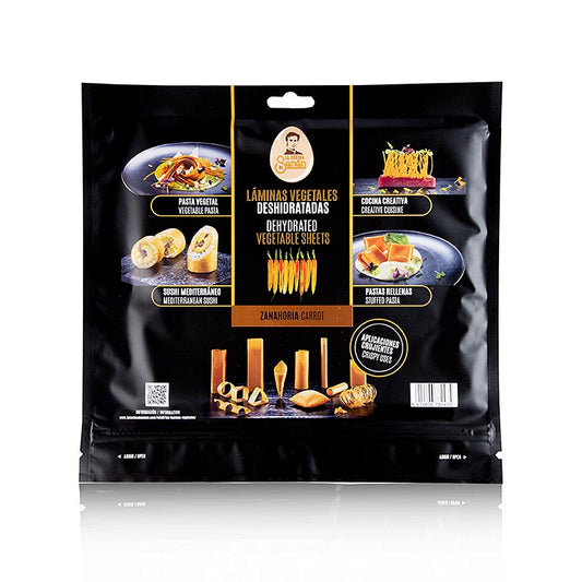 Bild eines 220g Pakets Vegetarisches Esspapier in der Sorte Karotte von La Cocina de Senén, das auf verschiedene Weisen in der Avantgarde-Küche verwendet werden kann, wie frittiert, gedämpft, als Sushi oder Pasta