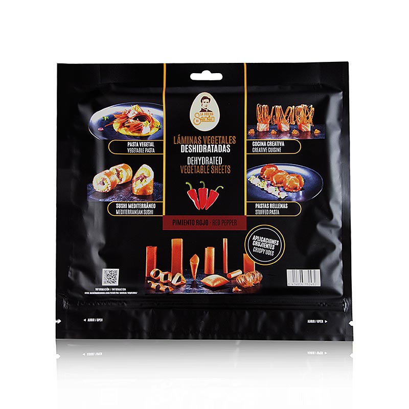Vegetarisches Esspapier Paprika, La Cocina de Senén, 220 g, 10 Blatt - Vielseitig verwendbare Blätter auf Gemüsebasis für die kreative Avandgarde-Küche, können frittiert, gedämpft, als Sushi oder Pasta verarbeitet werden, um knusprige Chips, dekorative Verformungen oder gefüllte Ravioli zu kreieren, erhältlich in den Sorten Karotte, Kartoffel, Rote Bete, Paprika und Spinat