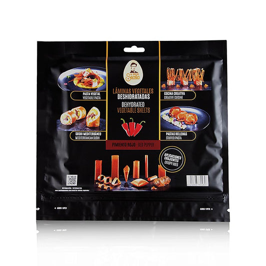 Vegetarisches Esspapier Paprika, La Cocina de Senén, 220 g, 10 Blatt - Vielseitig verwendbare Blätter auf Gemüsebasis für die kreative Avandgarde-Küche, können frittiert, gedämpft, als Sushi oder Pasta verarbeitet werden, um knusprige Chips, dekorative Verformungen oder gefüllte Ravioli zu kreieren, erhältlich in den Sorten Karotte, Kartoffel, Rote Bete, Paprika und Spinat