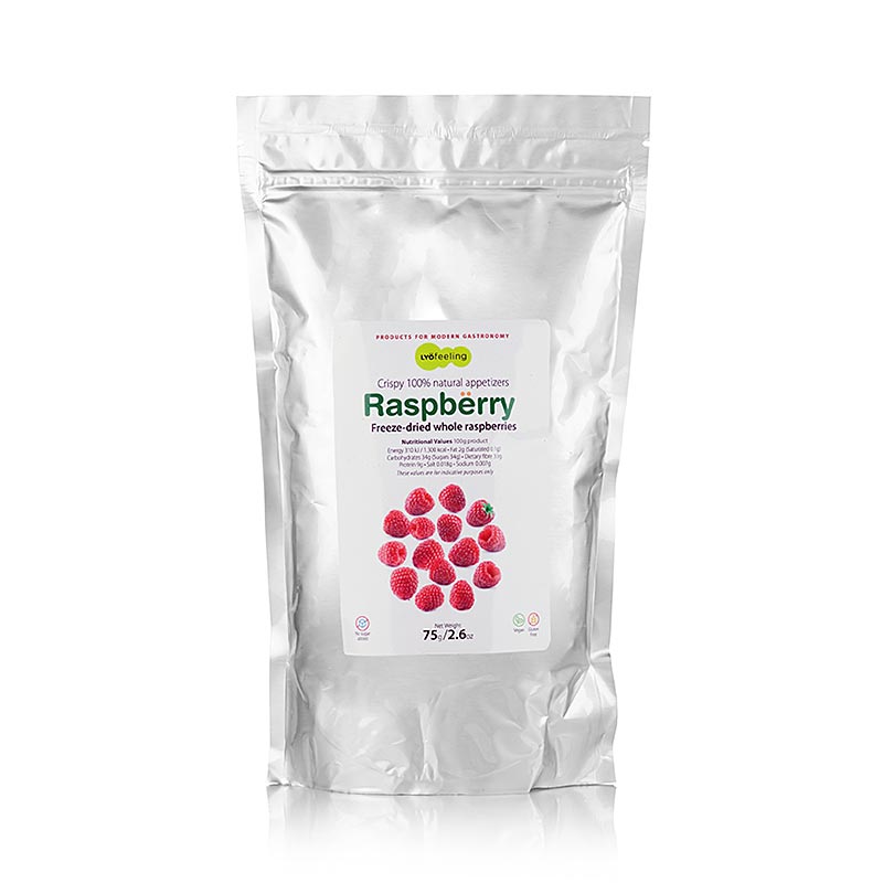 Gefriergetrocknete ganze Himbeeren von TÖUFOOD LYOFËELING RASPBËRRY, ideal für gesunde Snacks und als Zutat in verschiedenen Gerichten, 75 g packung