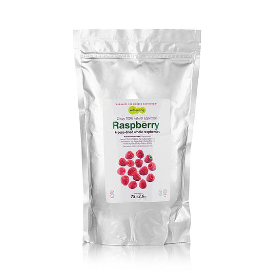 Gefriergetrocknete ganze Himbeeren von TÖUFOOD LYOFËELING RASPBËRRY, ideal für gesunde Snacks und als Zutat in verschiedenen Gerichten, 75 g packung