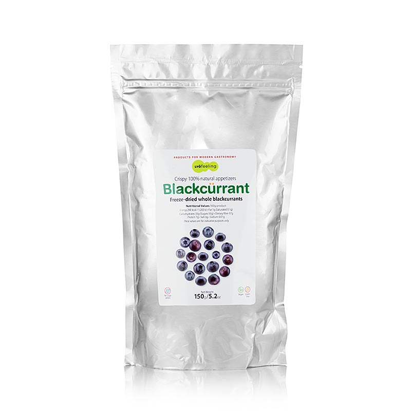 Gefriergetrocknete schwarze Johannisbeeren von höchster Qualität, ideal zum Verfeinern von Desserts und als herzhafter Snack, 150g-Beutel