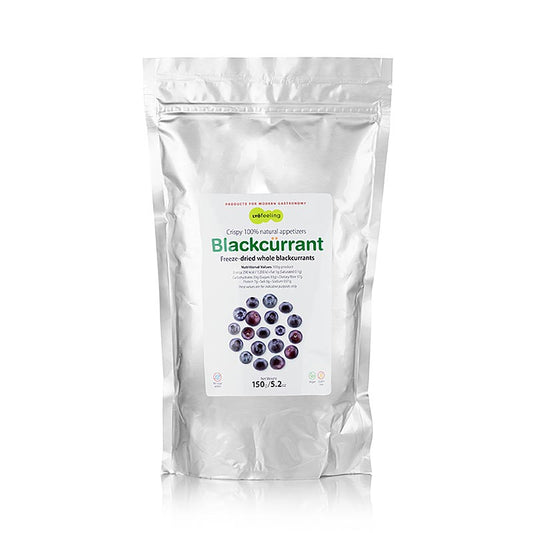 Gefriergetrocknete schwarze Johannisbeeren von höchster Qualität, ideal zum Verfeinern von Desserts und als herzhafter Snack, 150g-Beutel