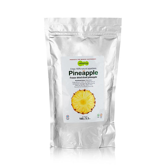 Gefriergetrocknete Ananas in Würfelform, hochwertiges, zuckerfreies und schonend verarbeitetes TÖUFOOD LYOFËELING PINEÄPPLE Produkt, 100 g Packung