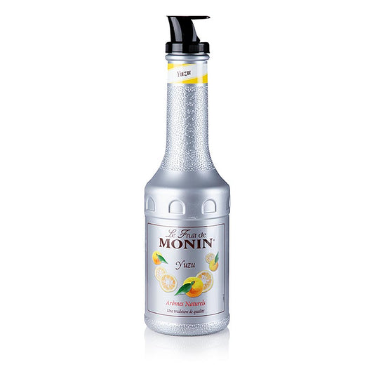 Eine 1-Liter-Flasche mit Ausgießer, gefüllt mit Monin Fruchtpüree-Mix Yuzu, ideal für die Zubereitung von erfrischenden Cocktails, Limonaden und Desserts