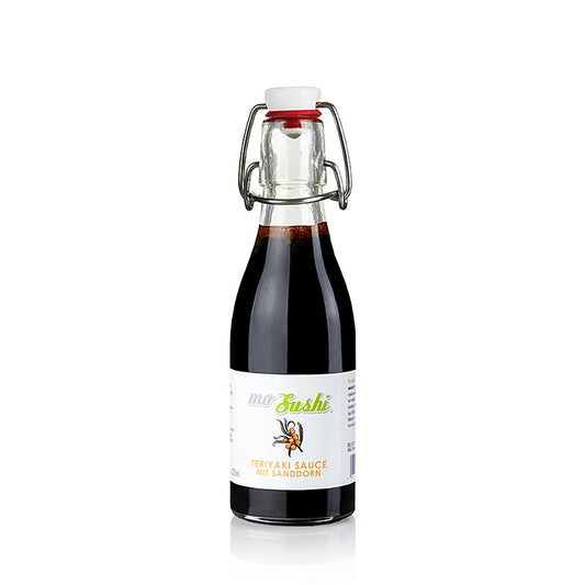 MO Sushi Teriyaki Sauce, Sanddorn, 200 ml - eine einzigartige Kombination aus würziger Teriyaki-Sauce und fruchtig-bitterem Sanddorn, perfekt zu gebratenem Fisch oder Geflügel