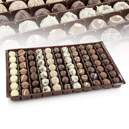 Eine vielfältige Auswahl an Pralinen und Trüffeln, darunter Weißer Mandel Nougat, Cafe Macciato, Tiramisu und mehr, Dreimeister, 1 kg